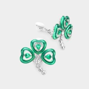Green Silver Clip On Three Leaf Clover Charm Stud Earrings Shamrock St Patricks